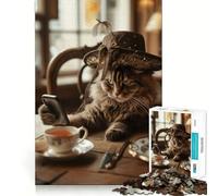 Puzzle de 1000 pièces « Le Chat chapeauté avec Smartphone » découpe précise,Jeu Amusant et Stimulant pour l'esprit,idéal pour se détendre,pour Un Anniversaire ou Une activité Artistique (38x26cm)