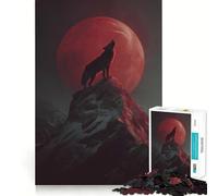 Puzzle de 1000 pièces Le Loup hurle à la Lune Rouge pour Adultes,Jeu de Concentration mentale,découpe Laser de qualité supérieure,activité Amusante en Famille Le Soir (50x75cm)