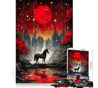 Puzzle de 1000 pièces Licorne sous Une Lune Rouge pour Adolescents Stratégie, réflexion, sérénité, évasion, découpe Nette, Cadeau de Noël (50x75cm)