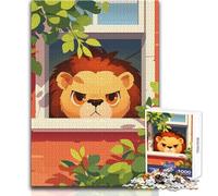 Puzzle de 1000 pièces - Lion de Dessin animé Qui Regarde par la fenêtre - Jeu éducatif, d'analyse et de logique - Idée Cadeau pour Un Père Noël Secret - Dimensions : 38x26cm