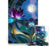 Puzzle de 1000 pièces Lotus et orchidées au Clair de Lune en vitrail pour Adultes stimule la mémoire, détend l’Esprit, Bords précis, idéal pour la liste de souhaits du Père Noël 38x52cm