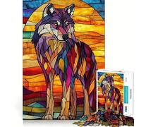 Puzzle de 1000 pièces Loup au Coucher du Soleil en vitrail, idéal pour Les Adolescents Un Jeu Stimulant et Relaxant à Assembler, Un Cadeau attentionné 38x52cm