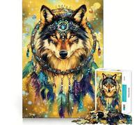 Puzzle de 1000 pièces Loup avec Coiffe Attrape-rêves Exercice Mental Amusant Pièces précises et sans Couture Un Moyen captivant de Passer Le Temps (38x26cm)