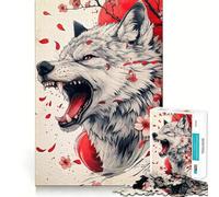 Puzzle de 1000 pièces Loup avec Fleurs de Cerisier et Lune Rouge (38x52cm) Un Exercice Mental Amusant,sans bavures,aux pièces nettes et Bien découpées,idéal pour des soirées tranquilles