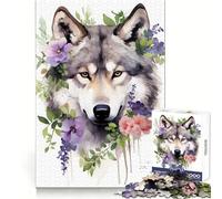 Puzzle de 1000 pièces Loup et Fleurs Aquarelle pour Adolescents Développe la mémoire, Offre Une évasion reposante, Bords Nets, Cadeau de Noël Chaleureux (50x75cm)