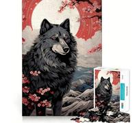 Puzzle de 1000 pièces Loup,Fleurs de Cerisier et Lune Entraînement Mental Amusant Pièces nettes et sans bavures Activité captivante pour des soirées tranquilles (38x26cm)