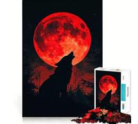 Puzzle de 1000 pièces Loup Hurlant à la Lune de Sang Un Jeu de réflexion Amusant et Stimulant pour la Concentration,découpé au Laser avec Une Technologie avancée,idéal pour Les Voyages (50x75cm)
