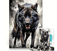 Puzzle de 1000 pièces Loup Noir Aquarelle,pièces Bien ajustées,Jeu de Concentration Amusant,Moment de détente et de Plaisir,décoration de Noël (38x52cm)