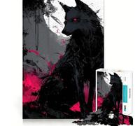 Puzzle de 1000 pièces Loup Noir aux Yeux Rouges,Art numérique,découpe précise,Jeu Stimulant l'esprit,Jeu Facile,Cadeau d'anniversaire idéal (38x52cm)