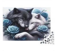 Puzzle de 1000 pièces « Loups Amoureux » en Carton 100% recyclé, représentant des Loups Noirs et Blancs et des Roses. Décoration Unique et Magnifique. Dimensions : 70 x 50 cm.