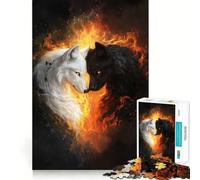 Puzzle de 1000 pièces Loups Blancs et Noirs en Flammes Jeu de Construction Focus Assemblage sûr et précis Jouet d'intérieur pour Les fêtes (50x75cm)