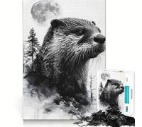 Puzzle de 1000 pièces Loutre à Double Exposition et Lune pour Adolescents Puzzle Relaxant et Lumineux Cadeau Exquis (50x75cm)