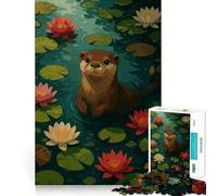 Puzzle de 1000 pièces Loutre dans Un étang de nénuphars, Illustration pour Adolescents, Jeu de logique Clair, léger et Relaxant, découpe Parfaite, (38x52cm)