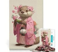 Puzzle de 1000 pièces Loutre en Kimono et thé pour Adultes, Jeu de Concentration et de réflexion, Loisirs à Domicile, Bords tendus, Cadeau de Noël (38x52cm)