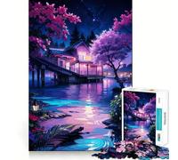 Puzzle de 1000 pièces Maison au Bord du lac la Nuit pour Adolescents, Jeu de logique Stimulant, Anti-Tension, qualité supérieure, Cadeau de Noël (38x52cm)