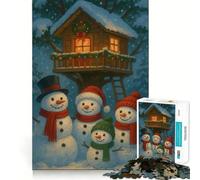 Puzzle de 1000 pièces Maison dans l'arbre de Noël avec Une Famille de bonhommes de Neige pour Adolescents Un Jeu d'exercice Mental apaisant, Un Cadeau précieux Assembler (38x52cm)