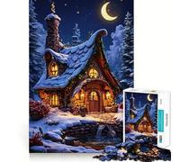 Puzzle de 1000 pièces Maison d'hiver féérique sous Un Croissant de Lune pour Adultes,Jeu de réflexion,découpe Laser pour Un Assemblage Parfait,activité enrichissante pour Les Jours de Pluie (38x26cm)