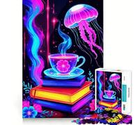 Puzzle de 1000 pièces Méduse dans Une Tasse de thé néon pour Adolescents, Jeu de logique mentale, Anti-anxiété, découpe Ferme, Cadeau d'anniversaire (38x52cm)