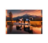Puzzle de 1000 pièces Mjhkxlj Couchers de soleil Chevaux du lac Image en bois de qualité pour adultes et enfants, puzzles amusants pour soulager le stress