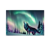 Puzzle de 1000 pièces Mjhkxlj Loups hurlant dans les aurores boréales - Puzzle en bois de qualité pour adultes et enfants - Puzzles amusants pour soulager le stress