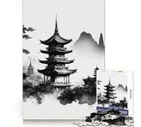 Puzzle de 1000 pièces Montagnes et Pagode pour Adultes et Adolescents Jeu de logique Clair Découpe Parfaite pour Les vœux du Père Noël (38x52cm)
