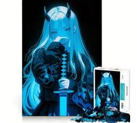 Puzzle de 1000 pièces,Motif Fille Anime néon samouraï Bleue,pièces Parfaitement ajustées,Jeu de Concentration Amusant,Moment de détente,décoration de Noël (50x75cm)