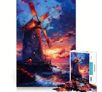 Puzzle de 1000 pièces Moulin à Vent au Coucher du Soleil pour Adolescents, idéal pour développer la mémoire, se détendre et Offrir Un Joli Cadeau 50x75cm