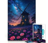 Puzzle de 1000 pièces Moulin à Vent et Fleurs sous Ciel étoilé pour Adolescents,découpé au Laser pour Un Assemblage Parfait,idéal pour Un Moment de Calme et d'exercice Mental à la Maison (38x26cm)