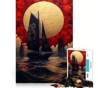 Puzzle de 1000 pièces Navigation sous Une Lune dorée représentant Un Paysage Japonais, idéal pour Les Adolescents Jeu de logique Fine, Loisirs faciles, Bords Nets, Cadeau pour Les fêtes (38x26cm)