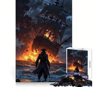 Puzzle de 1000 pièces Navire en feu et Pirate sur Le Rivage pour Adolescents stratégie,réflexion Facile,détente,Assemblage précis,Cadeau Festif (38x26cm)