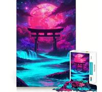 Puzzle de 1000 pièces Neon Torii sous Une Lune cramoisie pour Adultes, Jeu de réflexion Facile et Amusant, Assemblage idéal, Cadeau de Saison (38x52cm)