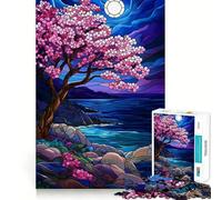 Puzzle de 1000 pièces Nuit de cerisiers en Fleurs en vitrail, idéal pour Les Adolescents Jeu de réflexion et de Partage Bordure précise pour Les vœux du Père Noël 38x26cm