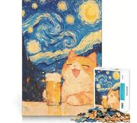 Puzzle de 1000 pièces Orange Cat Beer Starry Night pour Adultes Améliore la mémoire et Le Plaisir de Jouer Ensemble Bordure précise Cadeau saisonnier (38x26cm)
