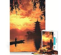 Puzzle de 1000 pièces Pagode au Coucher du Soleil et pêcheur pour Adolescents Jeu Intelligent et Relaxant, Motif à Assembler, liste de souhaits du Père Noël 50x75cm