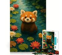 Puzzle de 1000 pièces Panda Roux dans Un étang de nénuphars pour Adultes, Jeu de réflexion et Anti-anxiété, Objet de Collection aux découpes soignées (38x52cm)