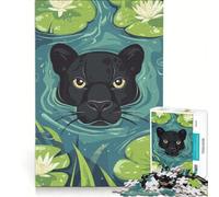 Puzzle de 1000 pièces Panthère Noire dans Un étang de nénuphars, Jeu de réflexion, décoration intérieure, avec des pièces de Formes aléatoires Parfaitement emboîtables 38x52cm