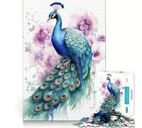 Puzzle de 1000 pièces Paon Aquarelle pour Adolescents Jeu de logique et d'adresse Décoration Murale Amusante et Facile à découper (38x26cm)