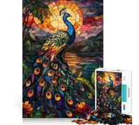 Puzzle de 1000 pièces Paon et Coucher de Soleil sur vitrail pour Adultes et Adolescents, Un Jeu de réflexion apaisant et Amusant, Un Cadeau mémorable aux Bords Nets (38x52cm)