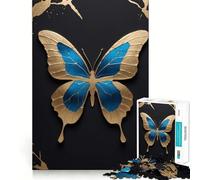 Puzzle de 1000 pièces Papillon Bleu et Or sur Fond Noir,pièces Parfaitement ajustées,Jouet créatif et Amusant,Moments de détente et de Plaisir,Cadeau de décoration d'anniversaire (50x75cm)