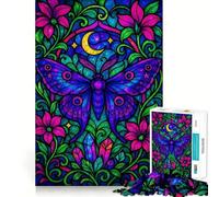 Puzzle de 1000 pièces Papillon de Nuit et Lune en vitrail Neon Fantasy, idéal pour Adultes et Adolescents, Stimulant la réflexion, Cadeau élégant et précis (50x75cm)