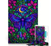 Puzzle de 1000 pièces Papillon de Nuit et Lune en vitrail Neon Fantasy pour Adolescents, Jeu de logique et de réflexion, Passe-Temps Silencieux, Bords Lisses, Cadeau Unique (38x26cm)