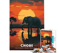 Puzzle de 1000 pièces Parc National de Chobe Botswana Éléphant au Coucher du Soleil Jeu éducatif Jeu Stimulant Cadeau pour Femmes Hommes et familles (Dimensions 38x26cm)