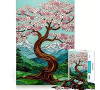 Puzzle de 1000 pièces Paysage de cerisiers en Fleurs en vitrail, idéal pour Les Adolescents Renforce la mémoire, Calme et sérénité Qualité supérieure pour Les vœux du Père Noël 38x52cm