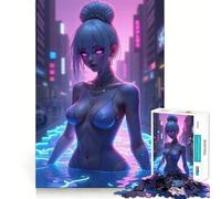 Puzzle de 1000 pièces Paysage Urbain néon avec Femme dans l'eau pour Adolescents, idéal pour stimuler la mémoire, se détendre et s'amuser (38x26cm) Un Cadeau Exquis !