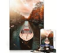 Puzzle de 1000 pièces Péniche sur Le Canal d'Amsterdam en Automne pour Adultes Amusant et Stimulant pour la mémoire et la détente Idéal pour Un Moment de détente et de créativité Cadeau de Noël