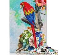Puzzle de 1000 pièces - Perroquet coloré avec Peinture Florale à l'aquarelle - Puzzle carré en Bois pour Adultes - Décoration intérieure - 1000 pièces (75 x 50 cm)