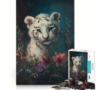 Puzzle de 1000 pièces Petit Tigre Blanc dans Les Fleurs pour Adultes,Jeu de réflexion,découpe Laser pour Un Assemblage Parfait,activité enrichissante pour Les Jours de Pluie (50x75cm)