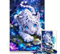 Puzzle de 1000 pièces Petit Tigre Blanc dans Un étang aux nénuphars pour Adolescents,Stimulant Mental,pièces de Taille Uniforme et précises,activité Amusante en Famille (38x26cm)