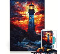 Puzzle de 1000 pièces Phare au Coucher du Soleil en vitrail pour Adultes, Jeu de réflexion Amusant et décontracté, découpe de précision, Cadeau Artistique 38x26cm