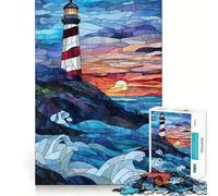 Puzzle de 1000 pièces Phare au Coucher du Soleil en vitrail pour Adultes, Jeu de réflexion apaisant, Bords précis, 38x26cm